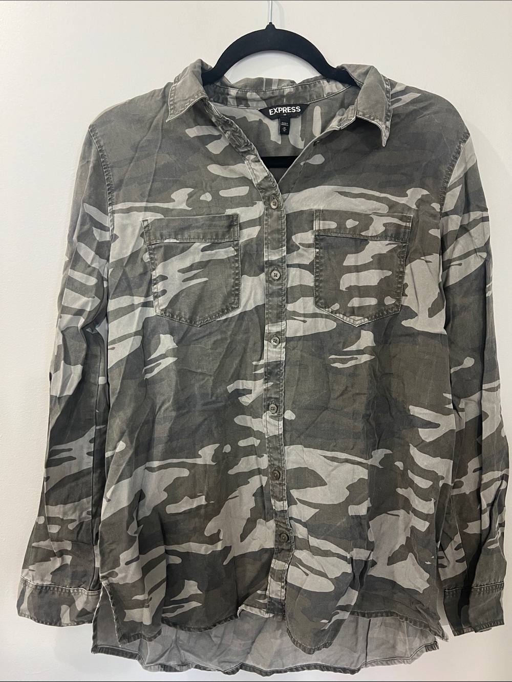 Express Gray and Olive Camo Button-Up Shirt